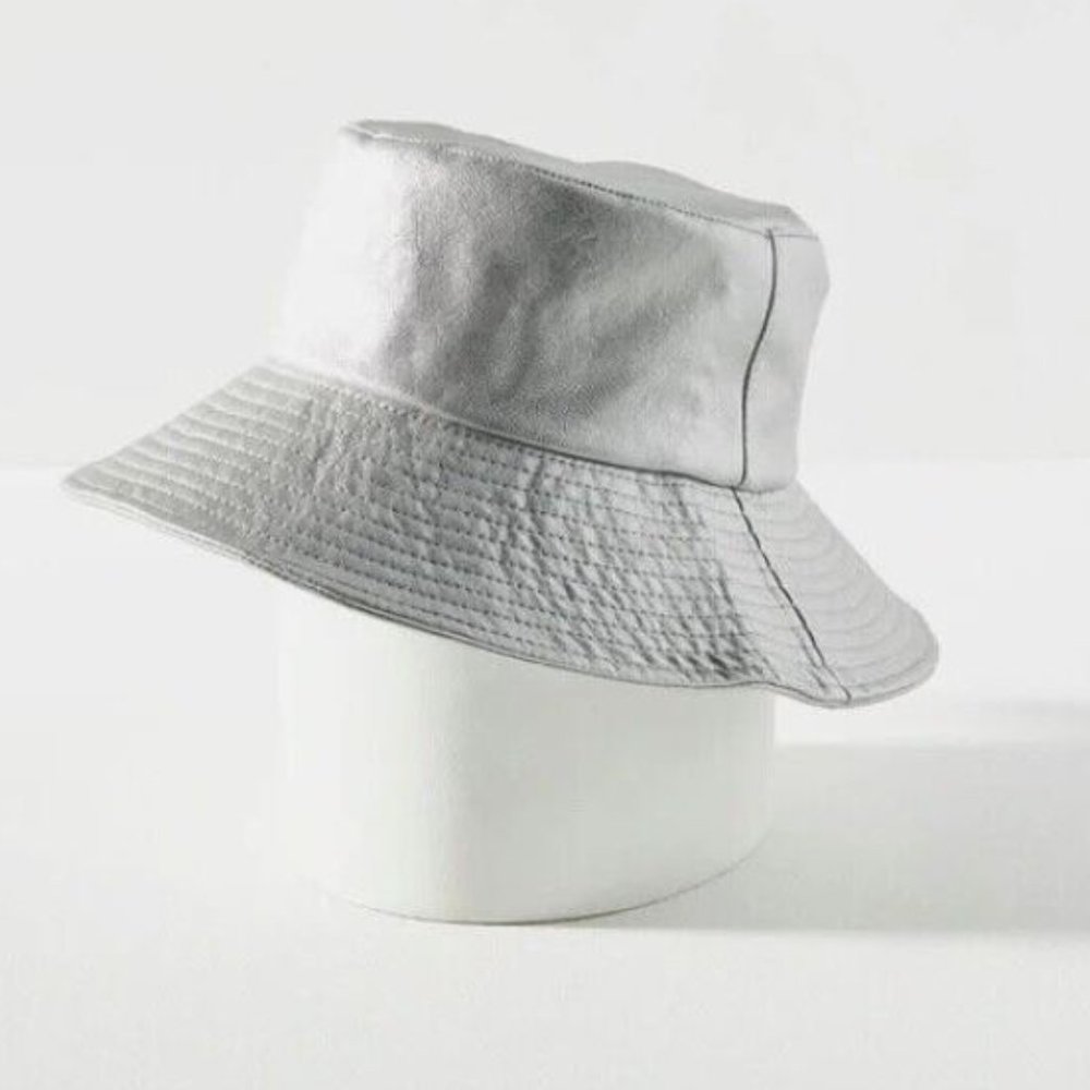 By Anthropologie Faux Leather Bucket Hat in Silver - NWT